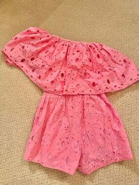 Anthropologie Soft Pink Eyelet Off the Shoulder Romper XS